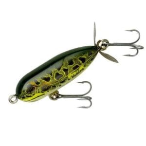 A green and yellow fishing lure with treble hooks.