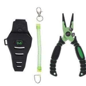 Green and black fishing pliers with a sheath and a wrist lanyard.