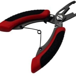 Red and black ergonomic pliers with a spring mechanism.