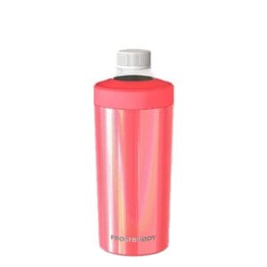 A tall, translucent red plastic bottle with a white cap.