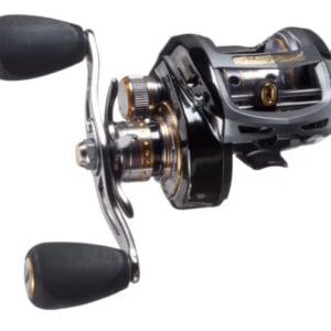 Close-up of a black fishing reel with ergonomic handles.