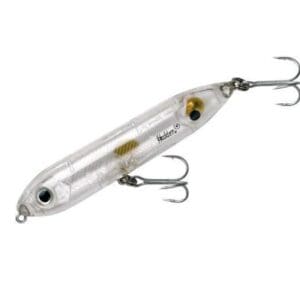 Transparent fishing lure with two treble hooks.
