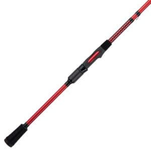A red fishing rod with black handle and reel seat.
