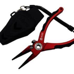 Red and black fishing pliers with a protective sheath.