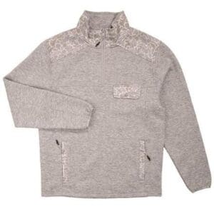 Light grey quarter-zip pullover with zippered pockets and subtle branding.