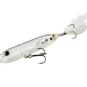 A clear plastic fishing lure with two treble hooks.