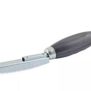 A kitchen knife with a serrated blade and a black handle.