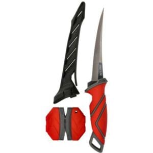 A red-handled knife with a sharp blade and a sheath.
