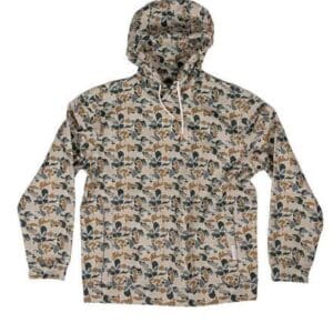 Camouflage hooded jacket with a zip front.