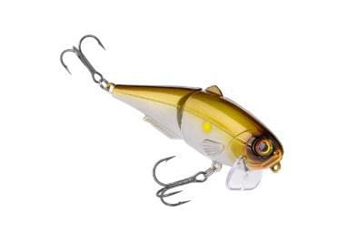 A yellow and brown fishing lure with two treble hooks.