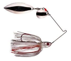 A fishing spinner lure with a treble hook and two silver blades.