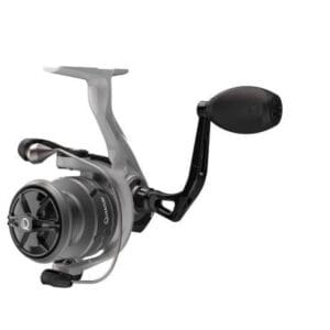 A black and silver fishing reel with a crank handle.