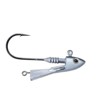 A silver fishing jig head with a sharp hook.