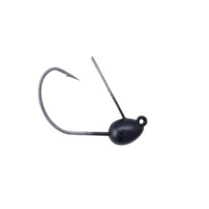 Black fishing jig head with a hook attached.