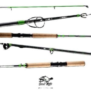 Four fishing rods with wooden handles and green accents.