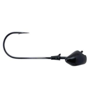 Black fishing jig hook with weighted head.