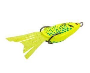 Bright yellow and green fishing lure with a soft tail.