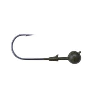 A fishing jig hook with a weighted head.