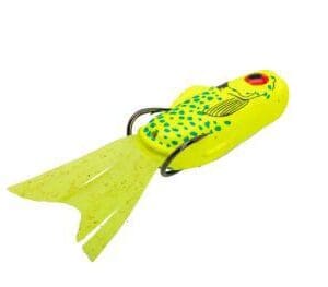 A bright green and yellow fishing lure shaped like a frog.