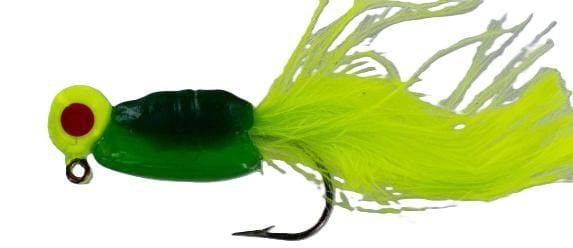 Close-up of a green and yellow fishing lure with a hook.