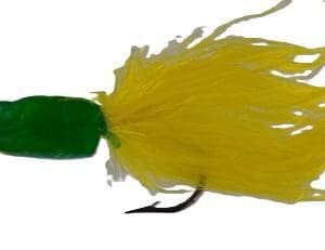 Yellow feathered fishing lure with a green head and hook.