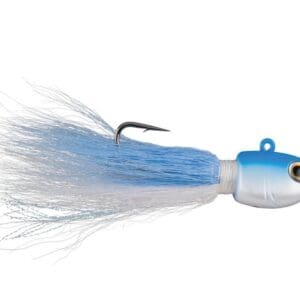 Blue and white fishing lure with a hook and feather tail.