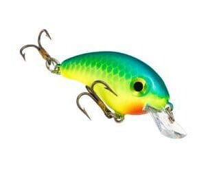 Colorful fishing lure with treble hooks and a diving lip.