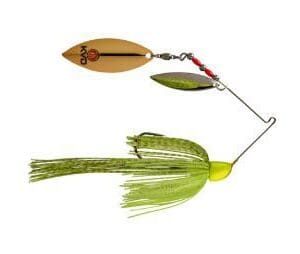 A fishing lure with spinner blades and green skirt.