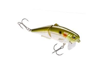 A gold and green fishing lure with two treble hooks.