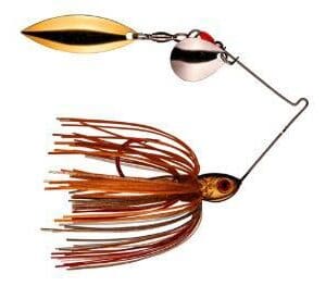 A brown and gold fishing spinnerbait lure with skirt and blades.