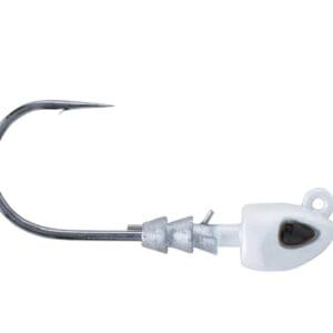 Close-up of a fishing hook with a white and gray weighted head.