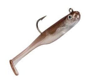 A soft plastic fishing lure shaped like a small fish with a hook.