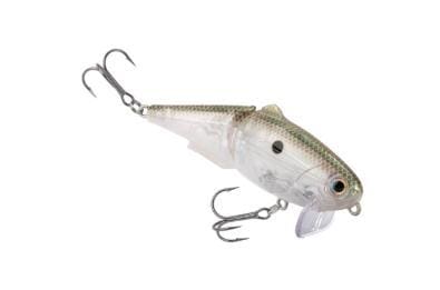 A transparent fishing lure with hooks.