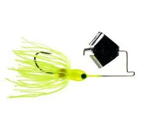 A yellow fishing lure with a black reel on a white background.