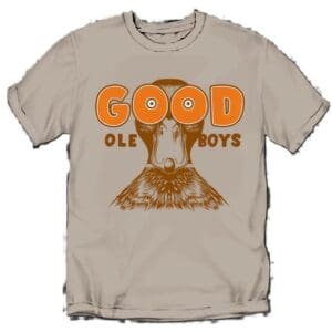 A beige T-shirt with an orange graphic of a dog and "GOOD OL' BOYS" text.
