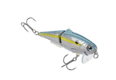 A blue and yellow fishing lure with two treble hooks.