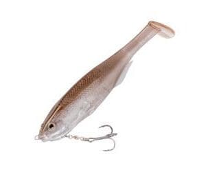 A detailed fishing lure shaped like a small fish with hooks.