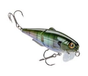 A detailed green and silver fishing lure with two treble hooks.