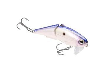 A blue and white fishing lure with treble hooks.