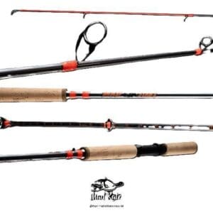 A fishing rod with cork handle and black and red detailing.
